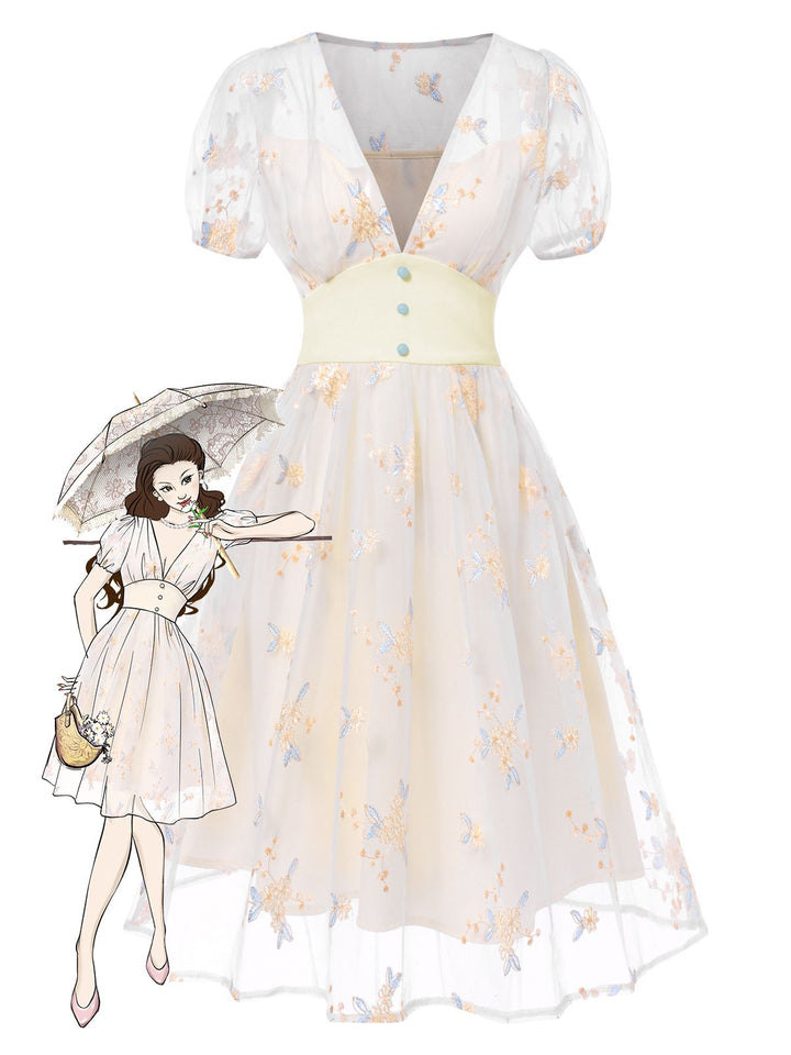 White 1950s Deep V-Neck Embroidered Floral Dress