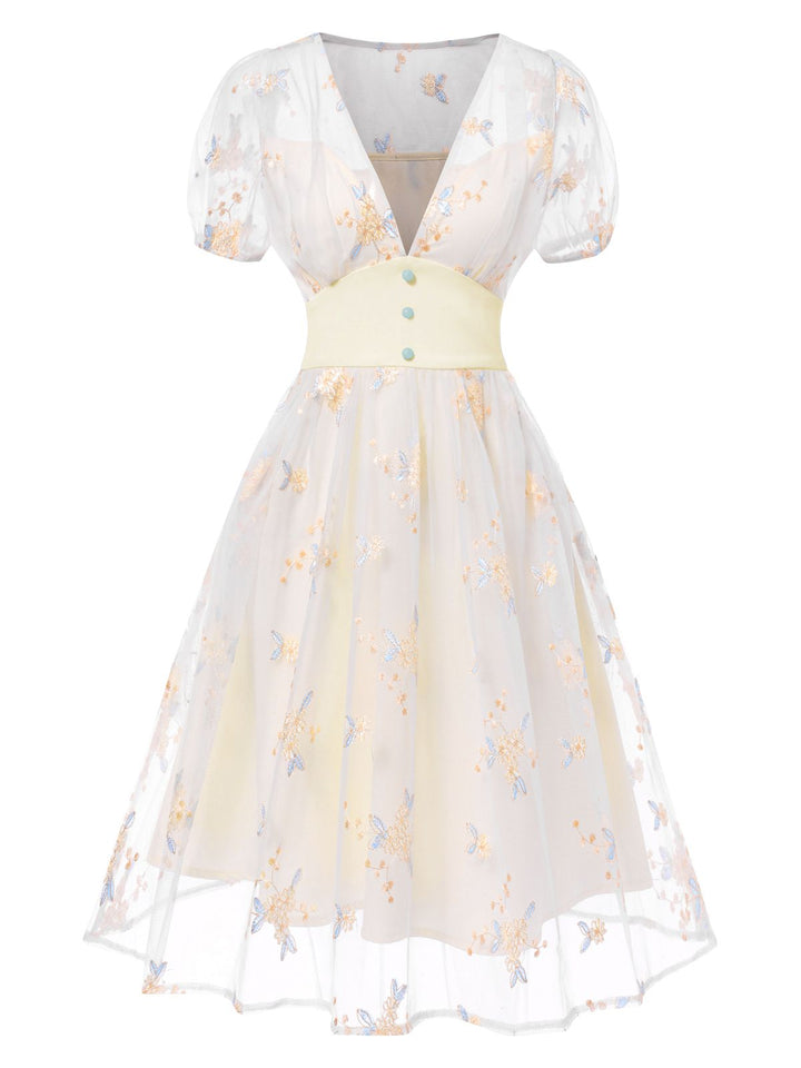 White 1950s Deep V-Neck Embroidered Floral Dress