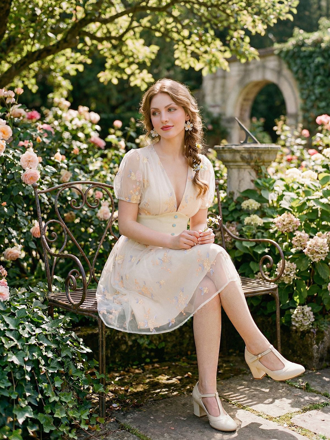 White 1950s Deep V-Neck Embroidered Floral Dress