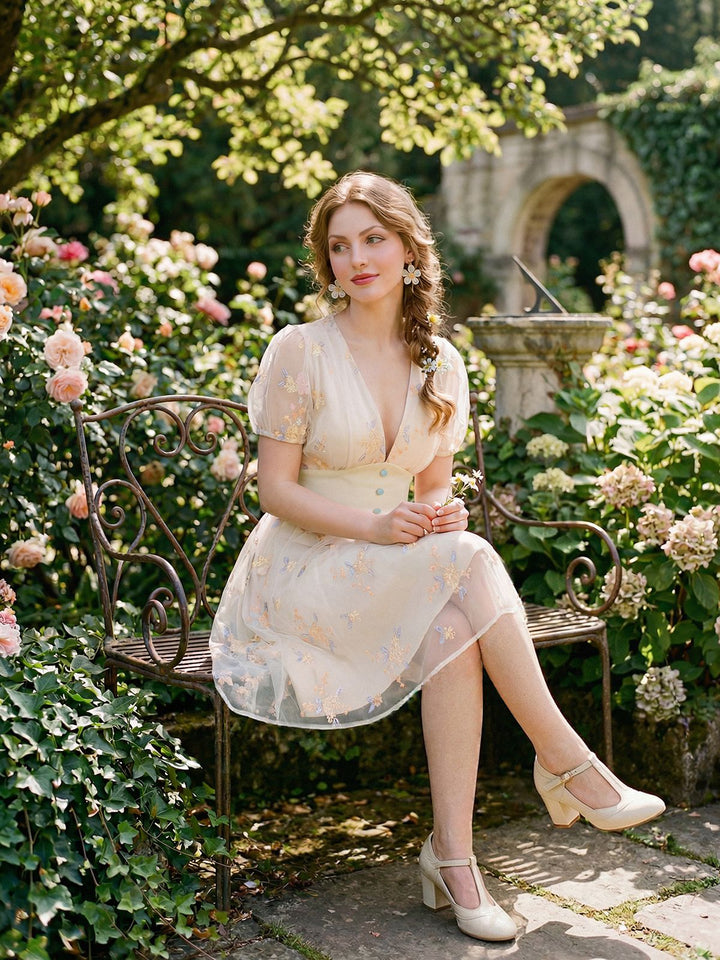 White 1950s Deep V-Neck Embroidered Floral Dress