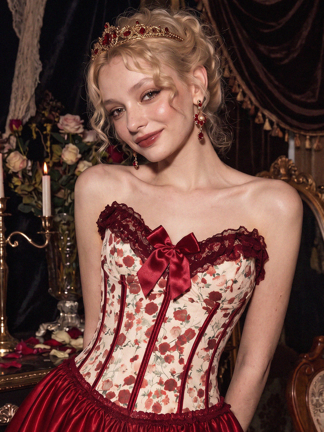 Red Strapless Court Lace Roses Corset SCH003821_R AI model
