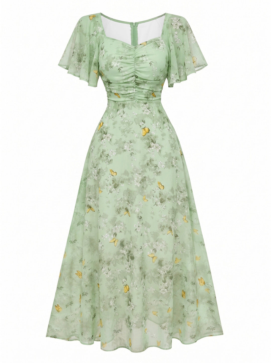 Yellow 1930s Butterfly Flutter Sleeve Chiffon Dress, vintage dress, retro fashion - perfect for women who love vintage and retro fashion