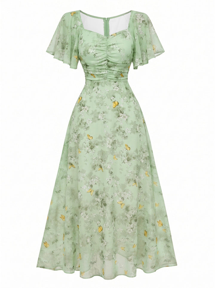 Yellow 1930s Butterfly Flutter Sleeve Chiffon Dress, vintage dress, retro fashion - perfect for women who love vintage and retro fashion