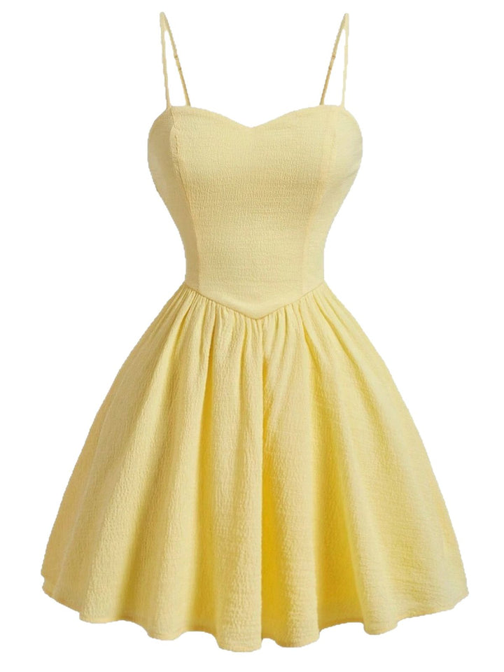 Yellow 1950s Textured Sweetheart Spaghetti Strap Swing Dress, vintage dress, retro fashion, rockabilly, pin-up fashion - perfect for women who love vintage and retro fashion