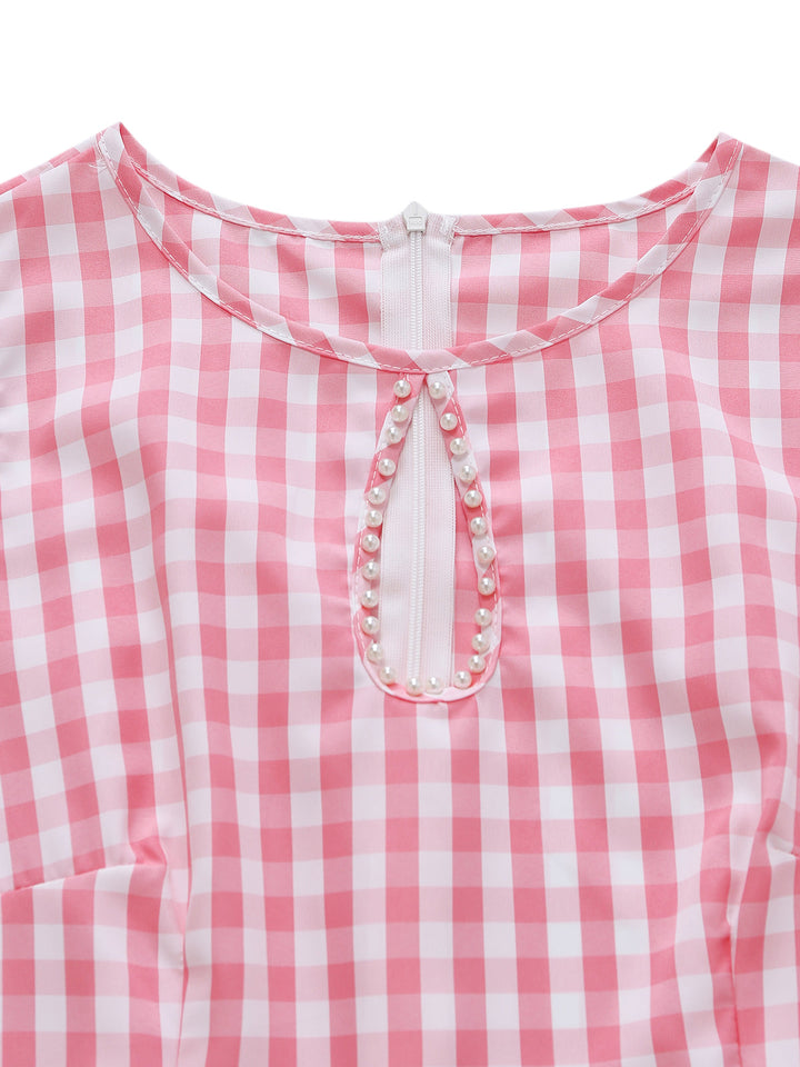 Dark Pink 1950s Plaid Patchwork Dress 3