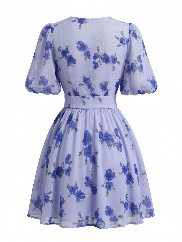 Blue 1950s V-Neck Puff Sleeve High Waist Floral Dress, vintage dress, retro fashion, rockabilly, pin-up fashion - perfect for women who love vintage and retro fashion