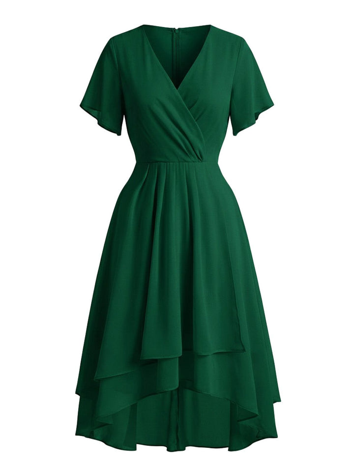 1950s Solid V-Neck Ruffle Sleeve Chiffon Asymmetrical Dress, vintage dress, retro fashion, rockabilly, pin-up fashion - perfect for women who love vintage and retro fashion
