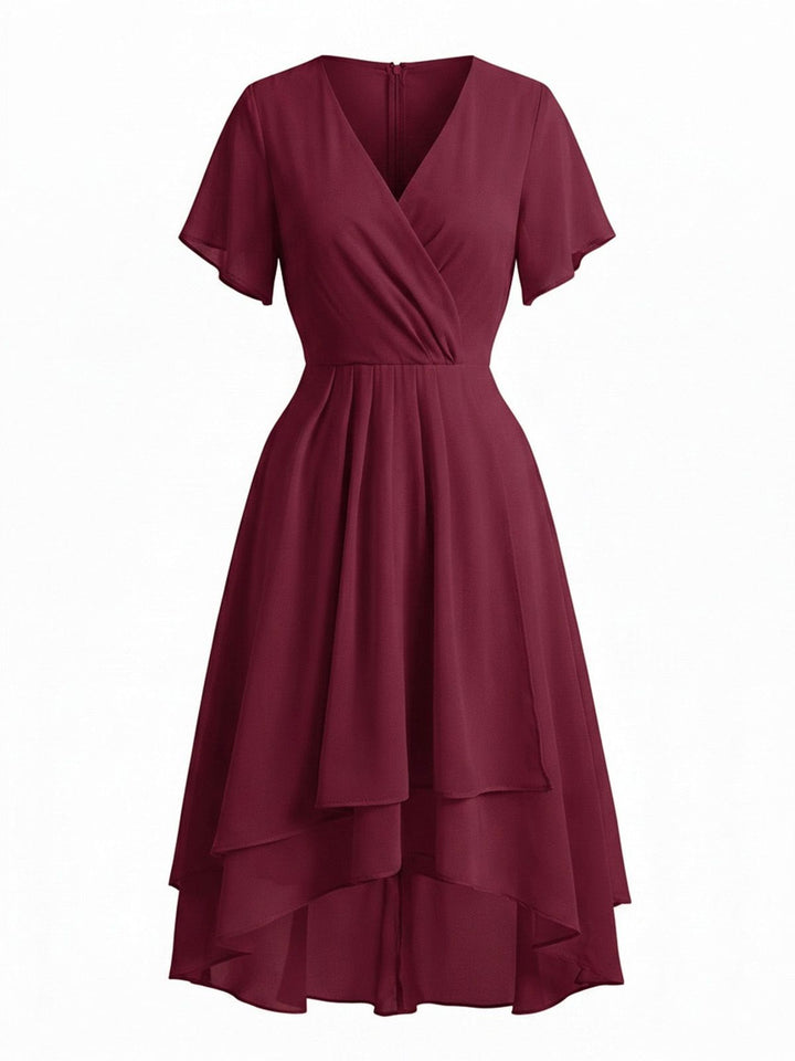 1950s Solid V-Neck Ruffle Sleeve Chiffon Asymmetrical Dress, vintage dress, retro fashion, rockabilly, pin-up fashion - perfect for women who love vintage and retro fashion