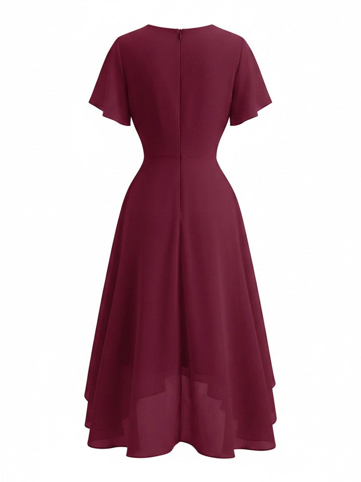 1950s Solid V-Neck Ruffle Sleeve Chiffon Asymmetrical Dress, vintage dress, retro fashion, rockabilly, pin-up fashion - perfect for women who love vintage and retro fashion