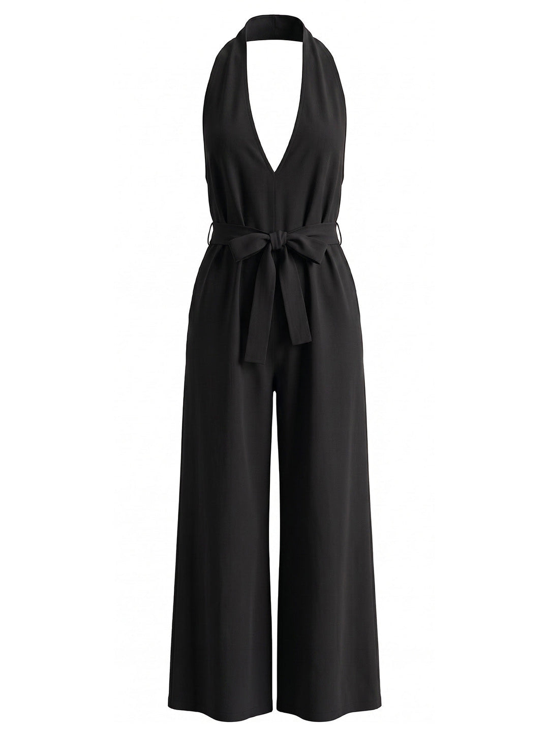1930s Halter V-Neck Belted Wide Leg Jumpsuit
