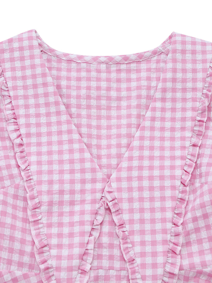 Pink 1950s Vintage Plaid V Neck Dress 3