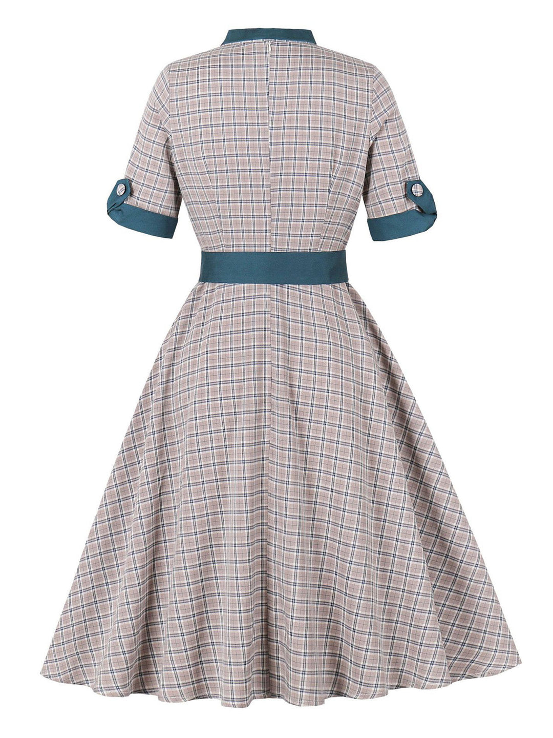 Dark Peacock Blue 1950s Plaid Bow Belted Dress 4