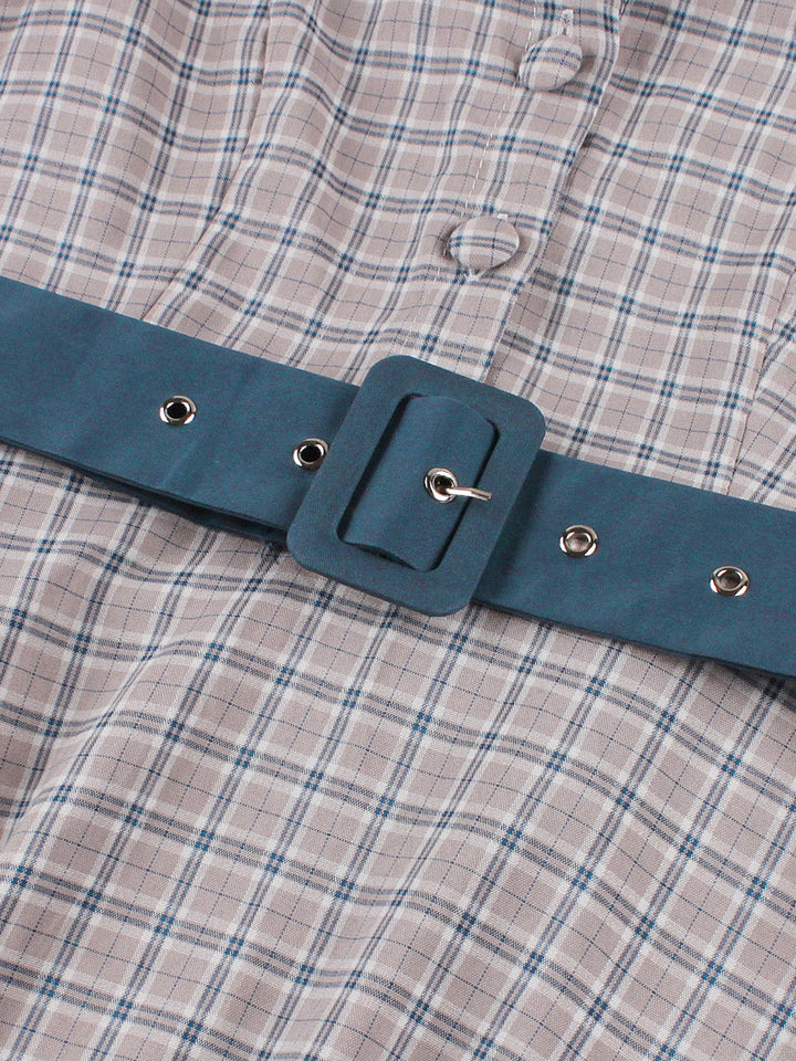 Dark Peacock Blue 1950s Plaid Bow Belted Dress 5