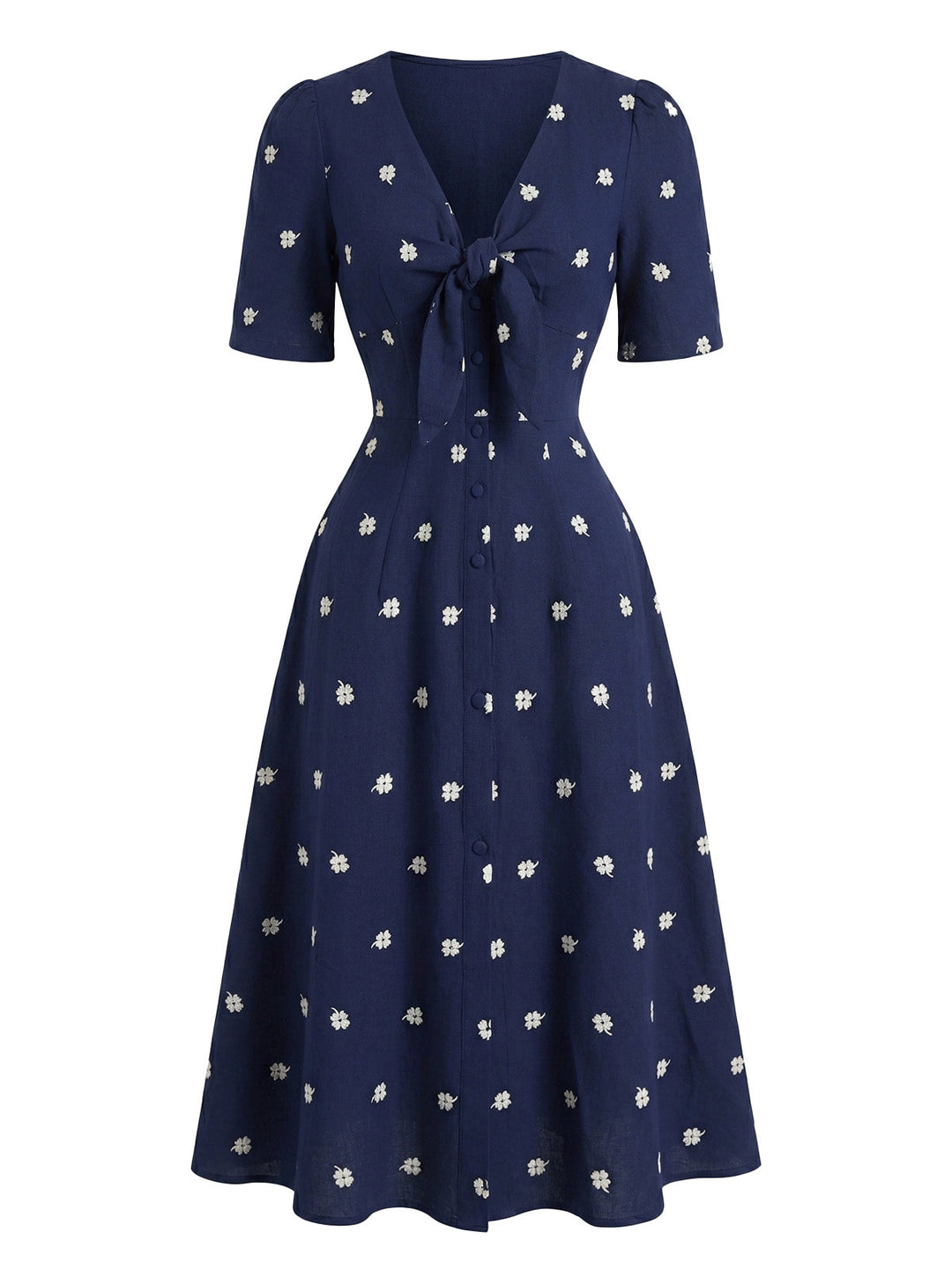 Blue 1950s Floral Embroidered Bow Dress