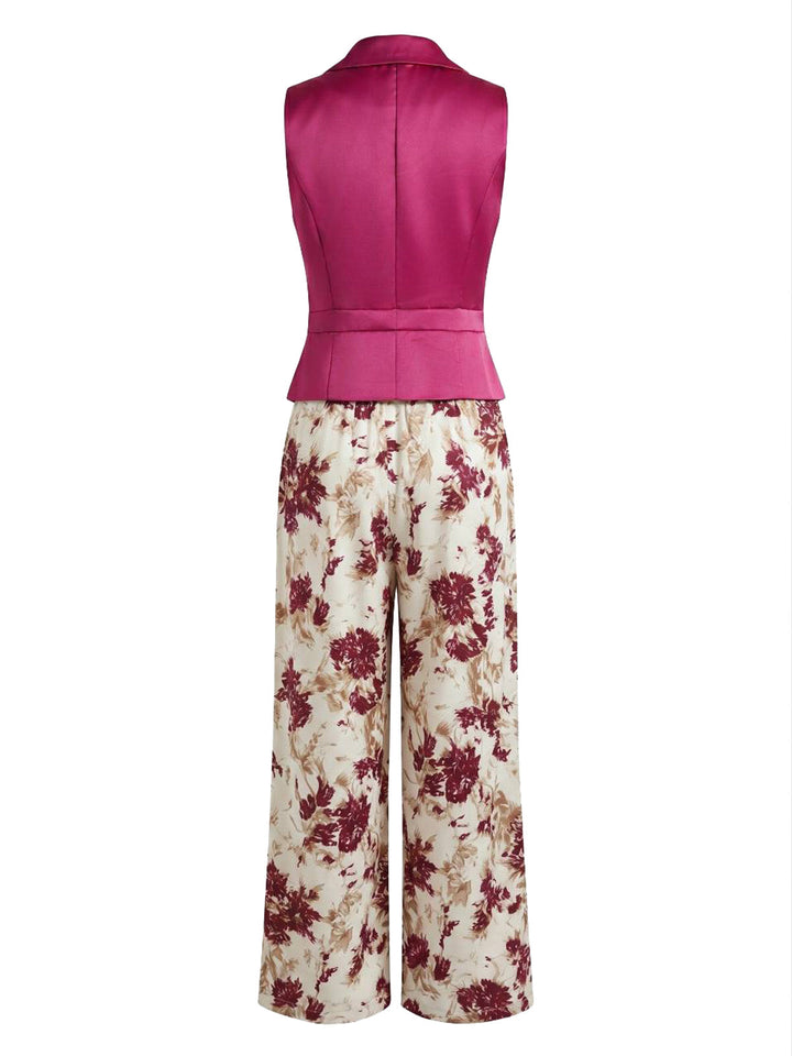 Purplish Red 1950s Vintage Floral V Neck Two Piece Set 2