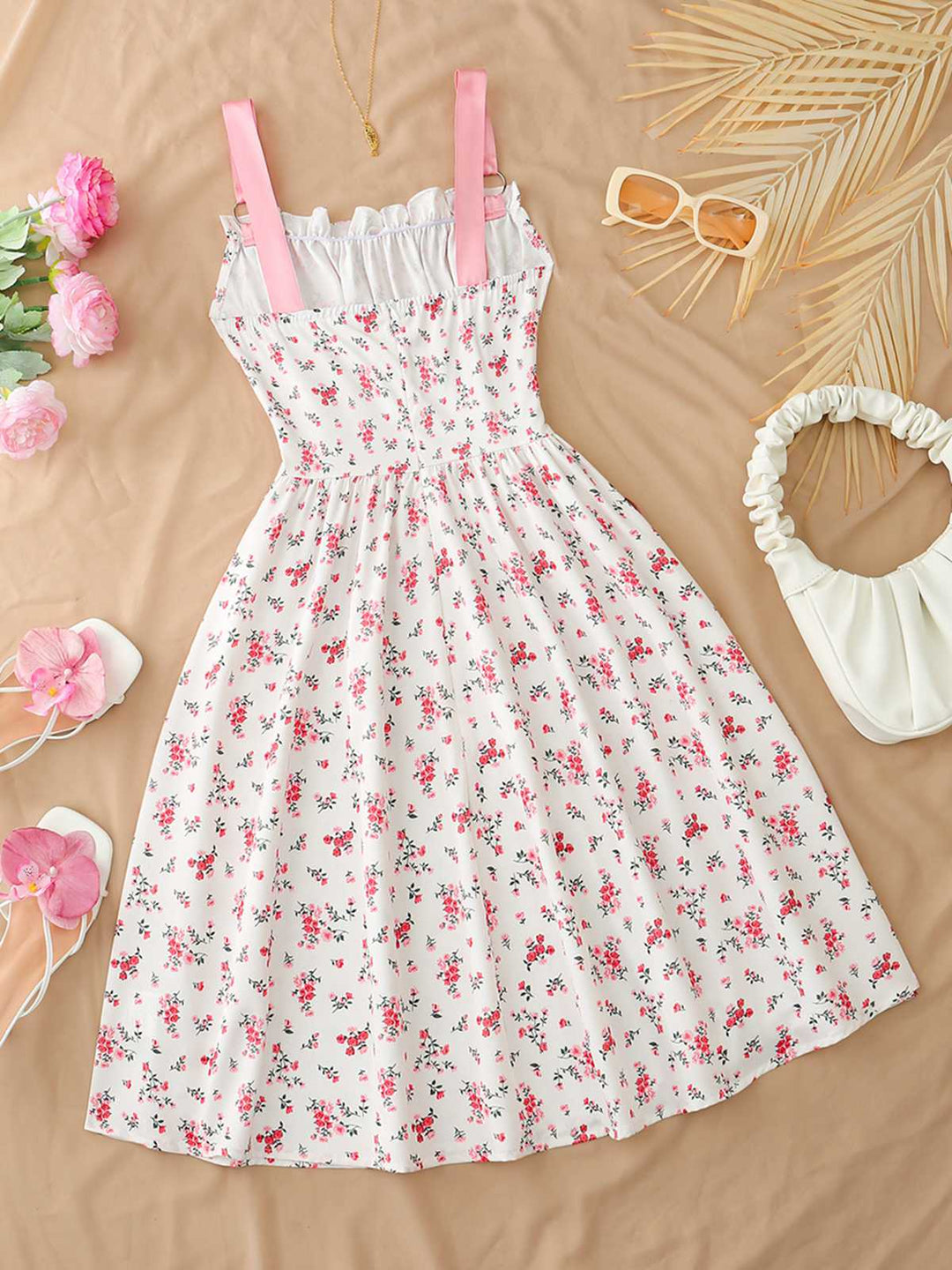 1950s Ruffled Square Neck Sleeveless Floral Print Swing Dress
