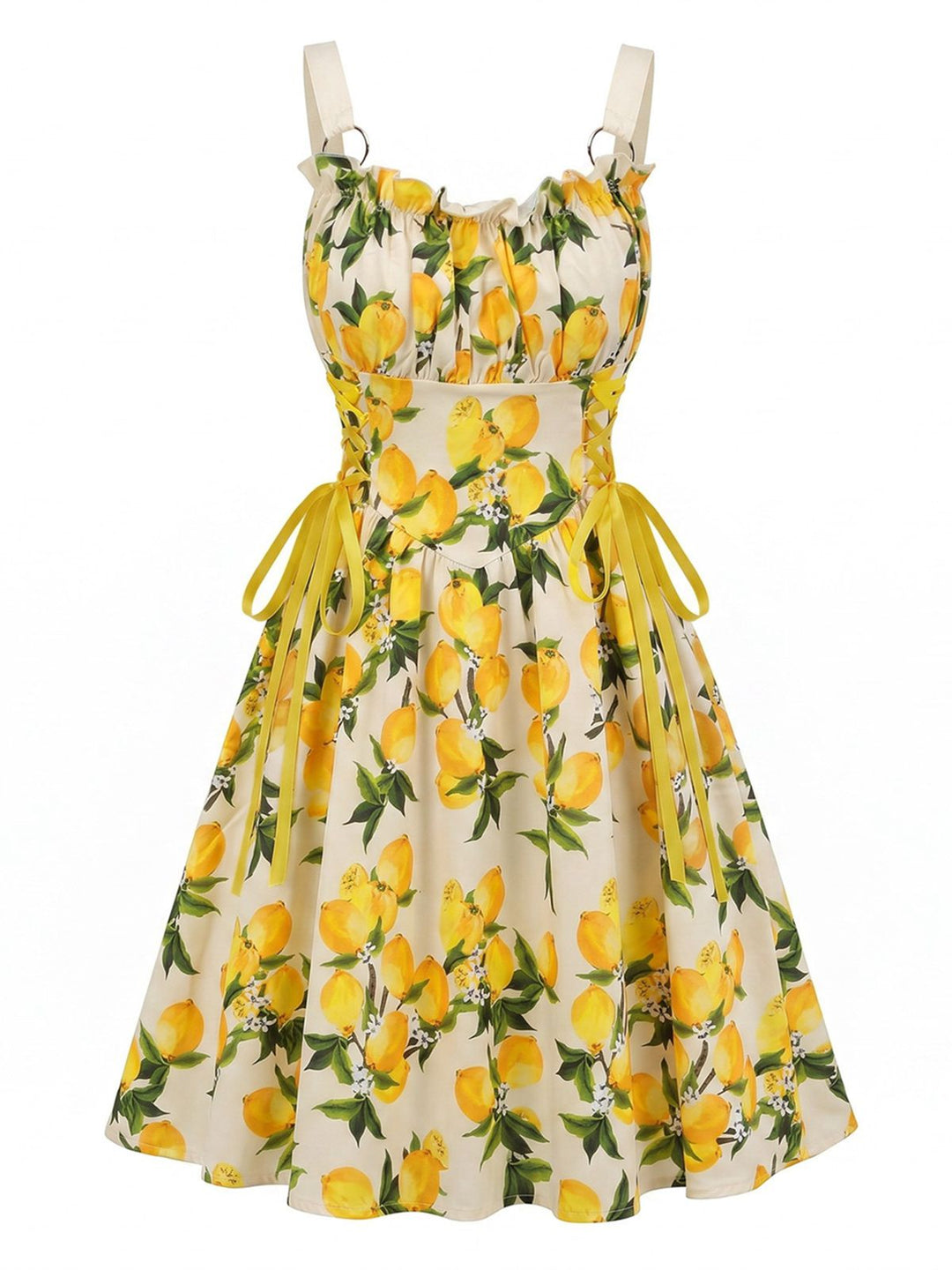 1950s Ruffled Square Neck Sleeveless Floral Print Swing Dress