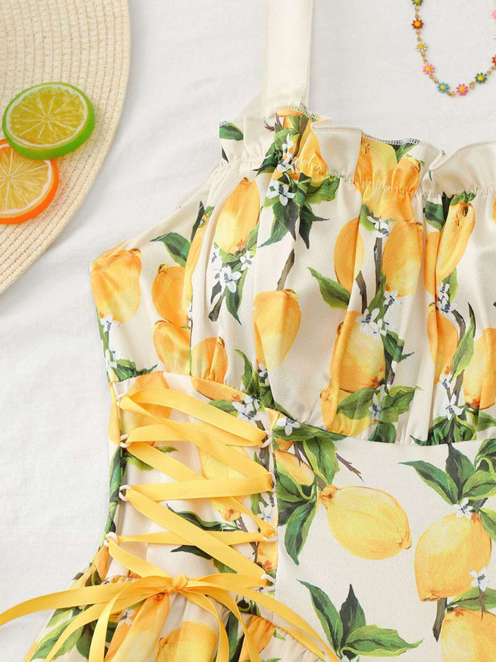 1950s Ruffled Square Neck Sleeveless Floral Print Swing Dress