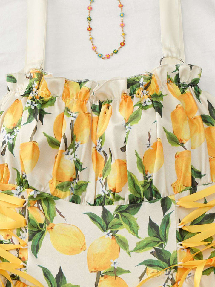 1950s Ruffled Square Neck Sleeveless Floral Print Swing Dress