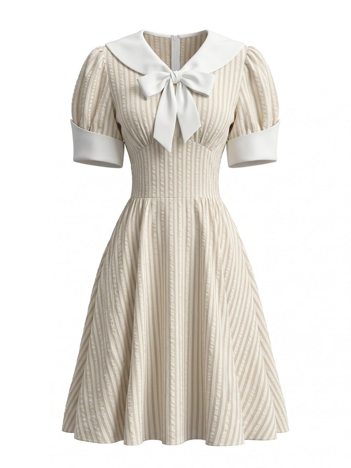 1950s Striped Sailor Collar Puff Sleeve Dress