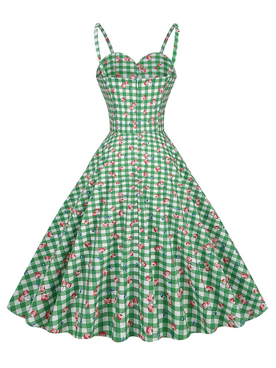Green 1950s Gingham Cotton Cherry Spaghetti Strap Dress, vintage dress, retro fashion, rockabilly, pin-up fashion - perfect for women who love vintage and retro fashion