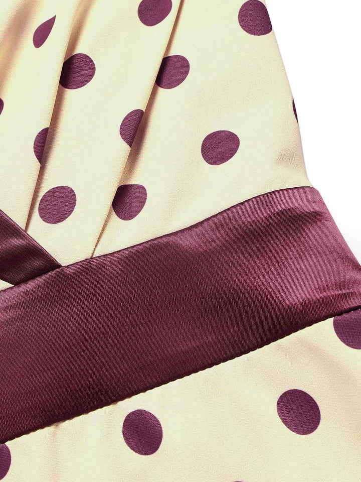 [Pre-Sale] Apricot 1950s Polka Dot Satin Shawl Collar Halter Dress, vintage dress, retro fashion, rockabilly, pin-up fashion - perfect for women who love vintage and retro fashion