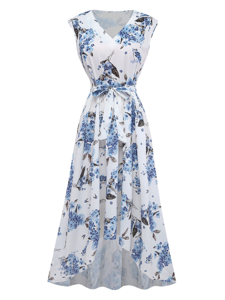 White 1950s Floral V Neck Dress 2