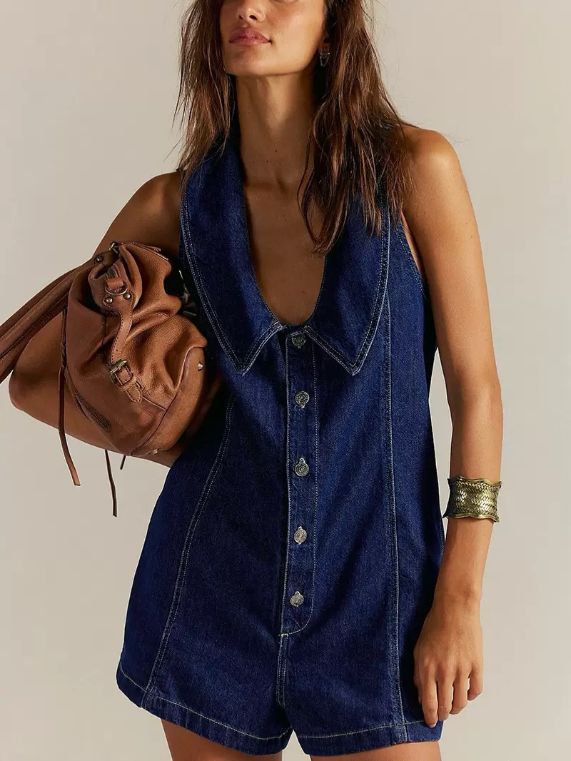 Navy Blue 1950s V Neck Denim Jumpsuit 3