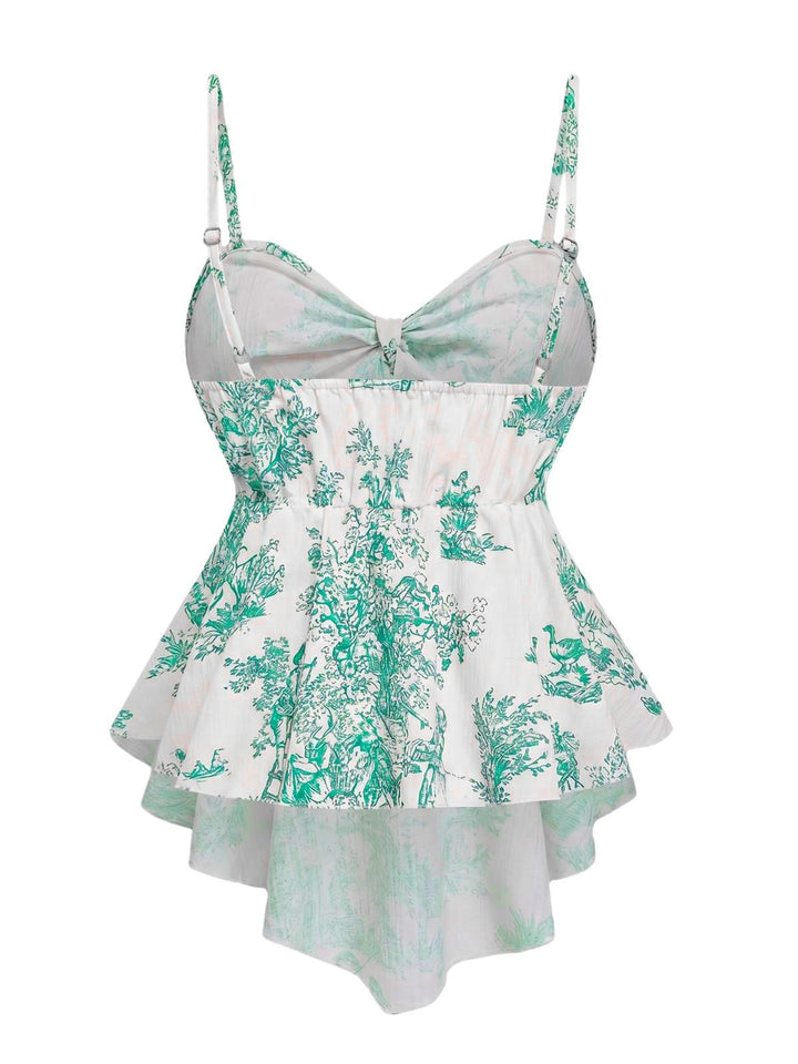1960s Porcelain Print Spaghetti Strap Belted Top