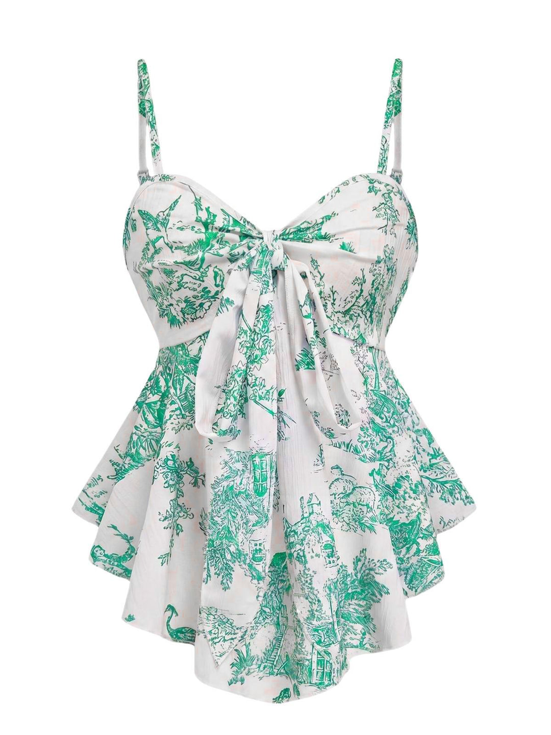 1960s Porcelain Print Spaghetti Strap Belted Top