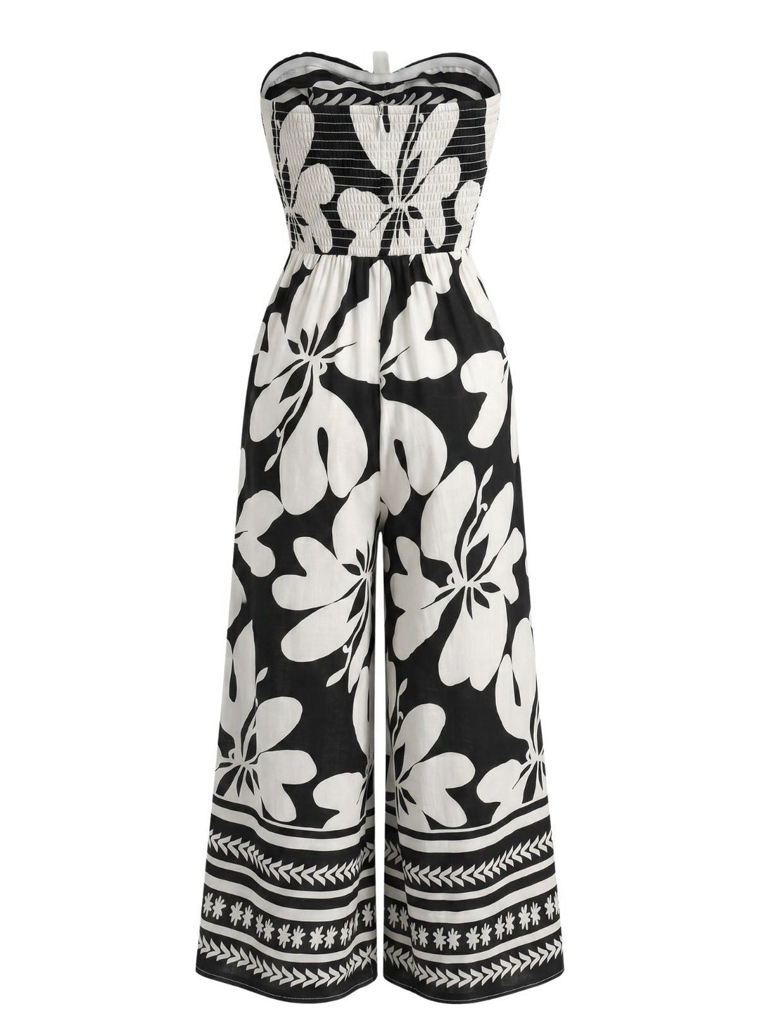 Black 1970s Tie-Front Big Floral Strapless Jumpsuit