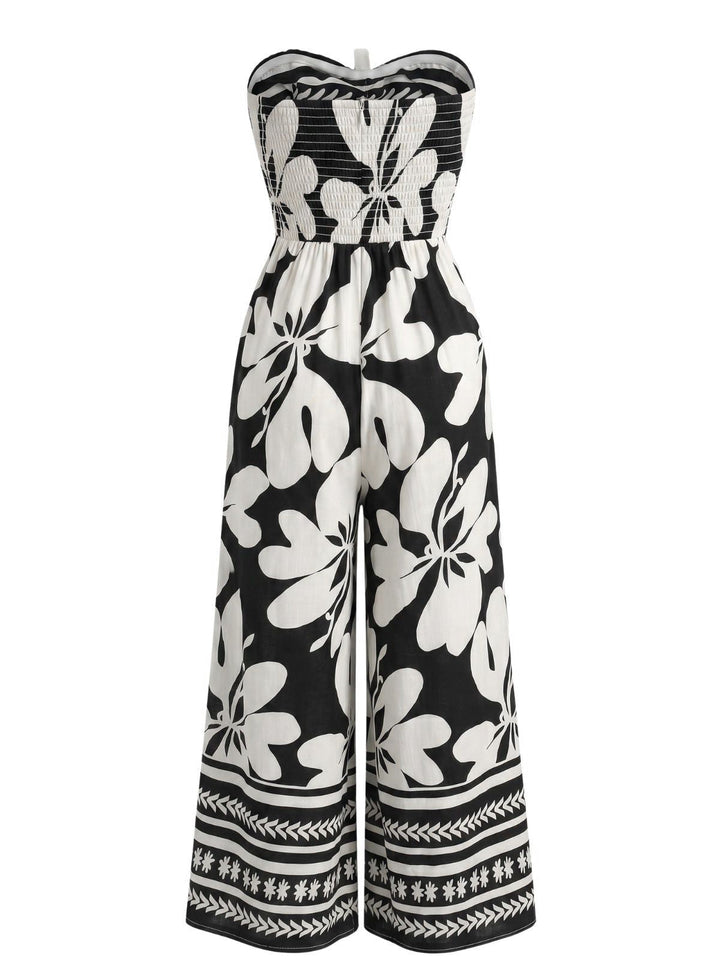 Black 1970s Tie-Front Big Floral Strapless Jumpsuit
