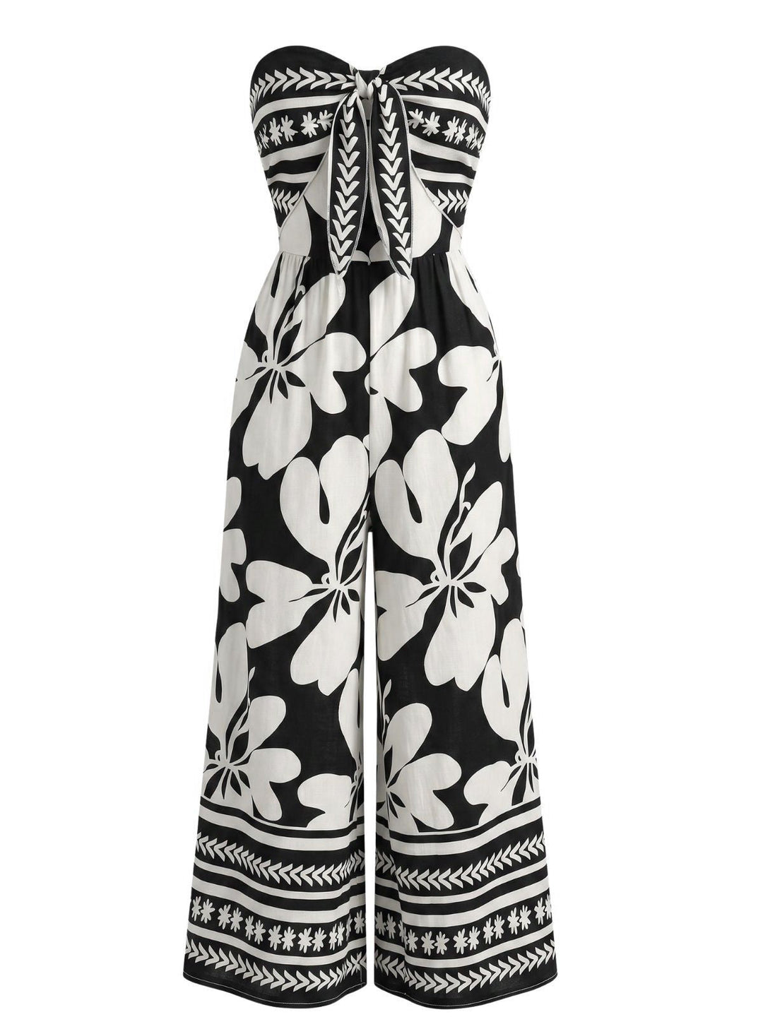 Black 1970s Tie-Front Big Floral Strapless Jumpsuit