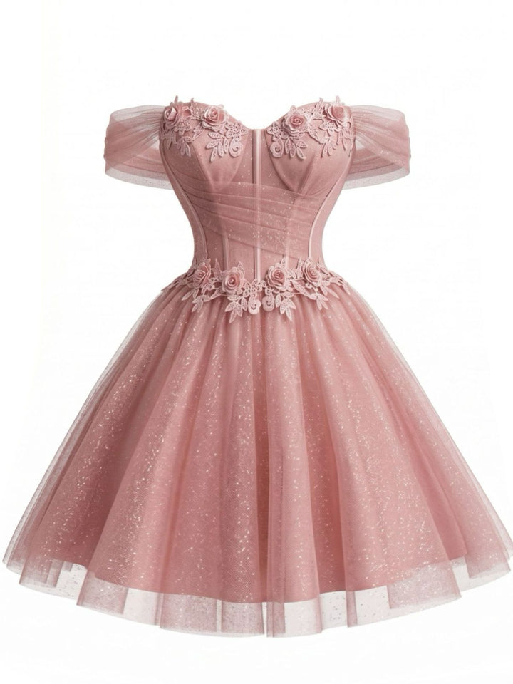 [Pre-Sale] Pink 1950s Floral Off-Shoulder Glitter Tulle Prom Dress, vintage dress, retro fashion, rockabilly, pin-up fashion - perfect for women who love vintage and retro fashion