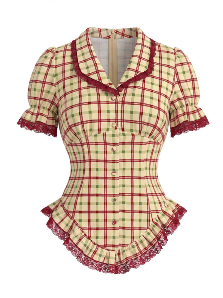 [Pre-Sale] Champagne 1940s Plaid Lace V Neck Two Piece Set 5
