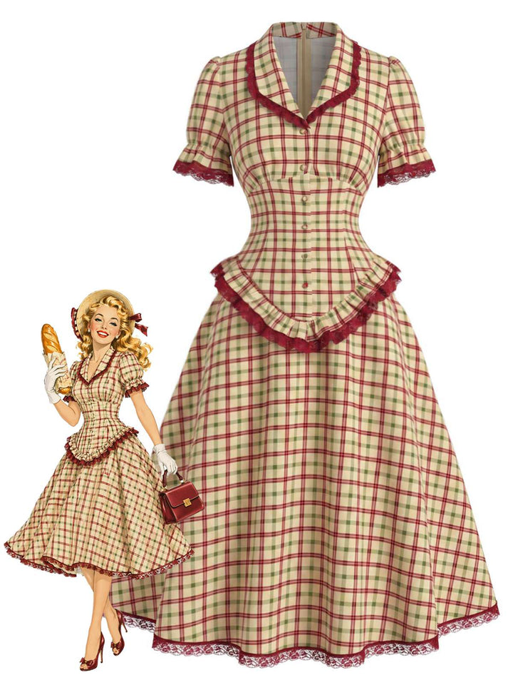 [Pre-Sale] 2PCS 1940s Plaid Lace Ruffled Hem Blouse &amp; A-Line Skirt