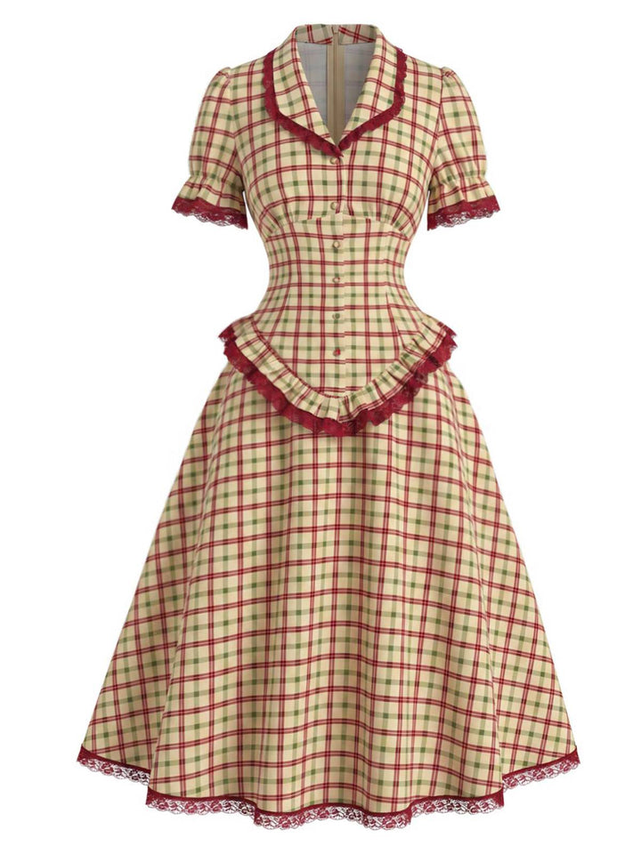[Pre-Sale] 2PCS 1940s Plaid Lace Ruffled Hem Blouse &amp; A-Line Skirt