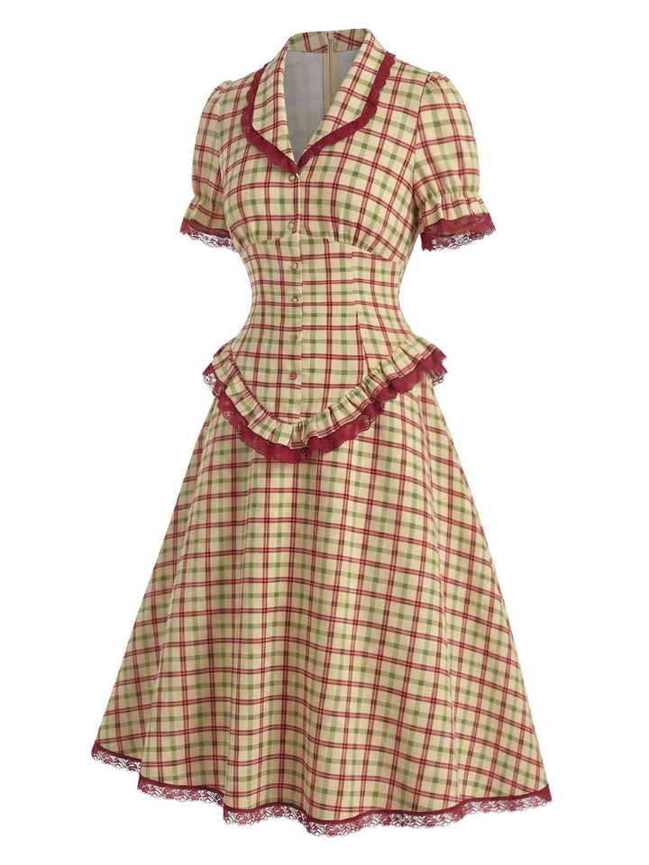 [Pre-Sale] 2PCS 1940s Plaid Lace Ruffled Hem Blouse &amp; A-Line Skirt