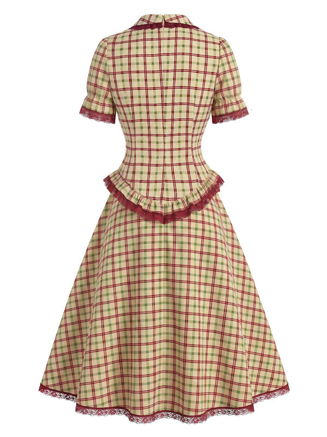 [Pre-Sale] 2PCS 1940s Plaid Lace Ruffled Hem Blouse &amp; A-Line Skirt