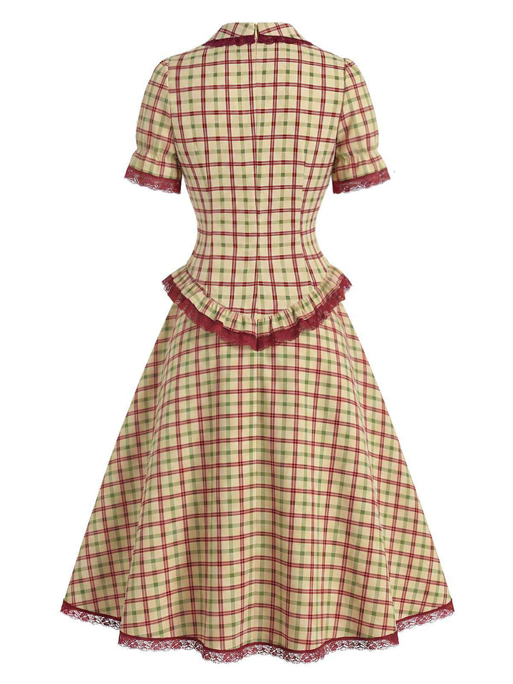 [Pre-Sale] 2PCS 1940s Plaid Lace Ruffled Hem Blouse &amp; A-Line Skirt