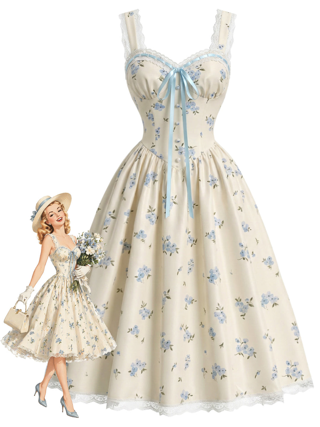 [Pre-Sale] Light Blue 1950s Polka Dot Floral Ruffle Dress