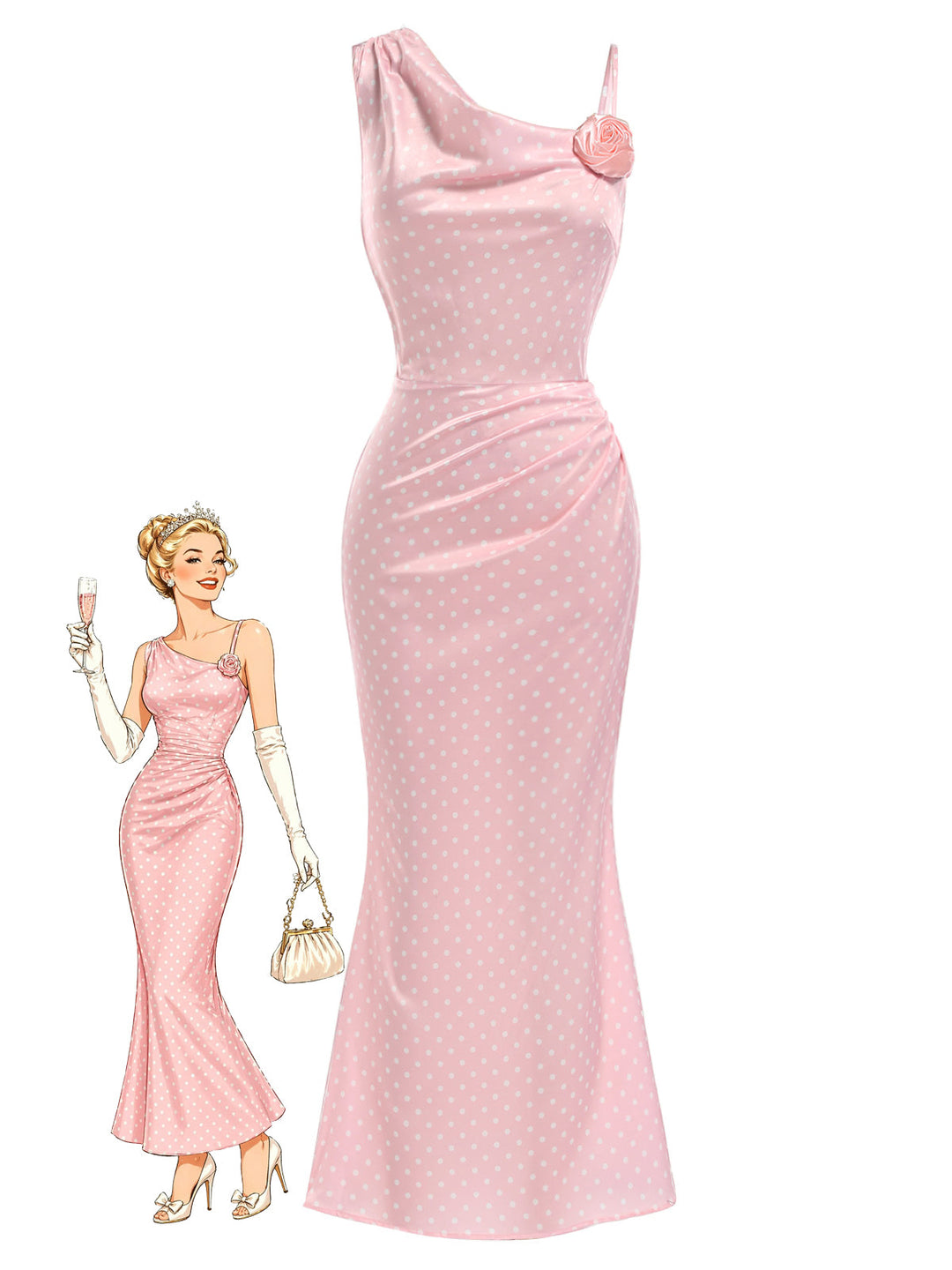 [Pre-Sale] Dark Pink 1930s Polka Dot Floral Dress