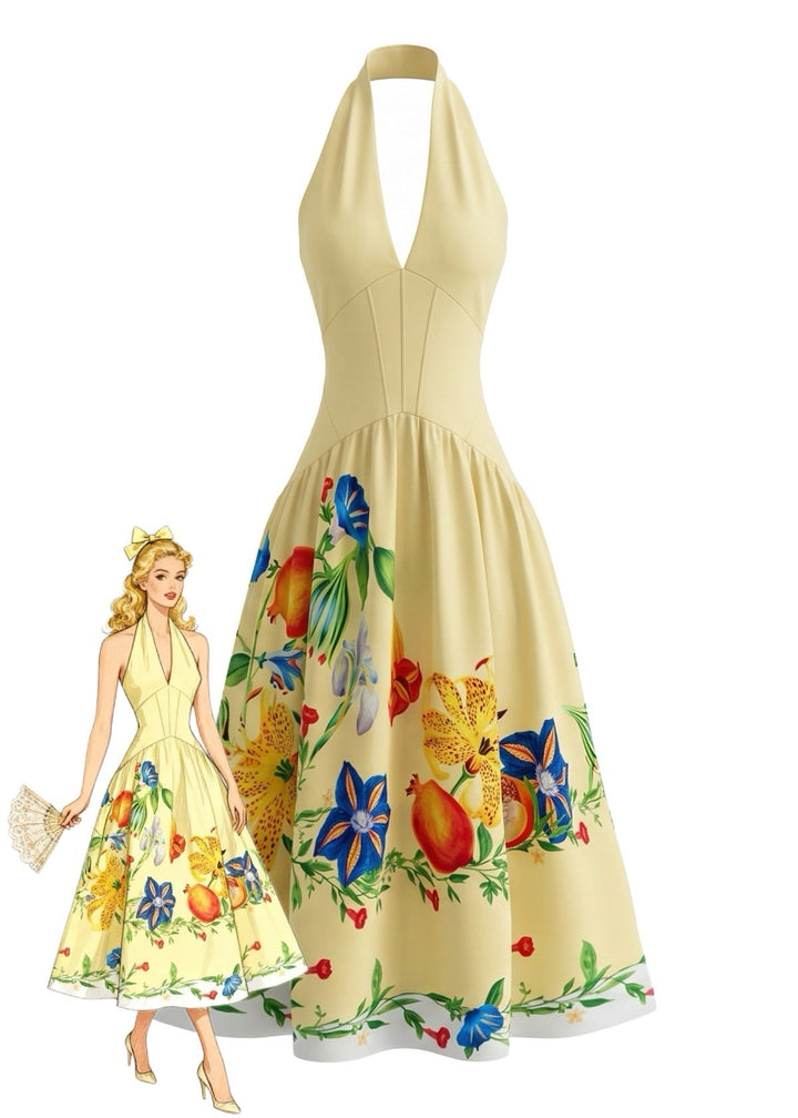 Yellow 1950s Print Halter Backless Dress