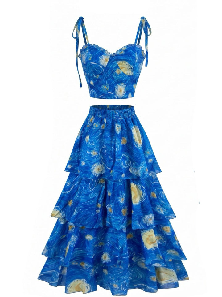 Blue 1950s Print Starry Skirt Set 2