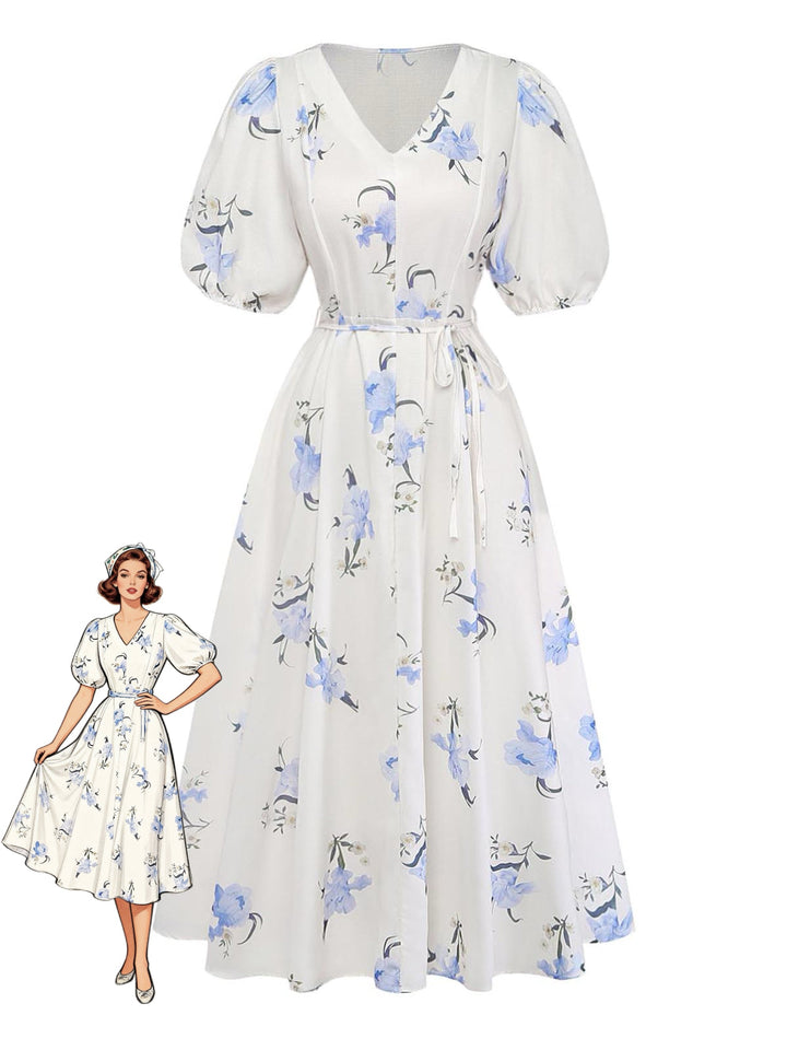 Beige 1940s Floral V Neck Dress