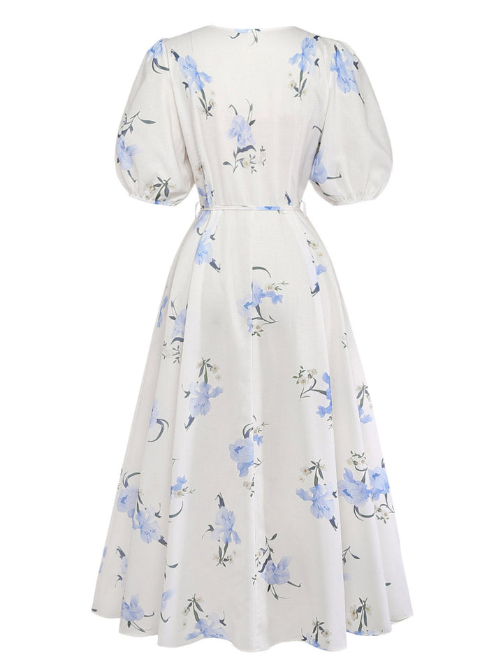 Beige 1940s Floral V Neck Dress 2