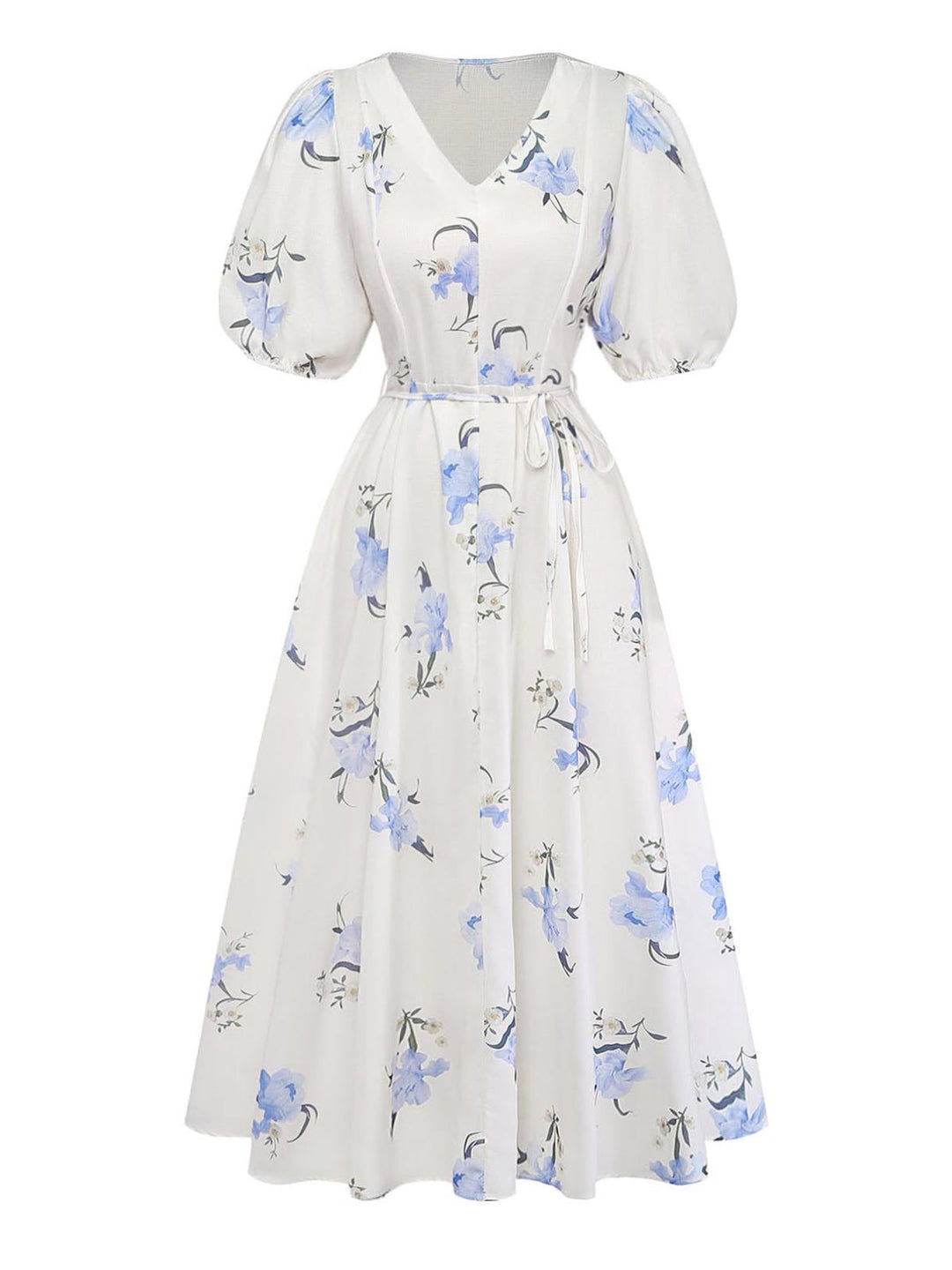Beige 1940s Floral V Neck Dress 3
