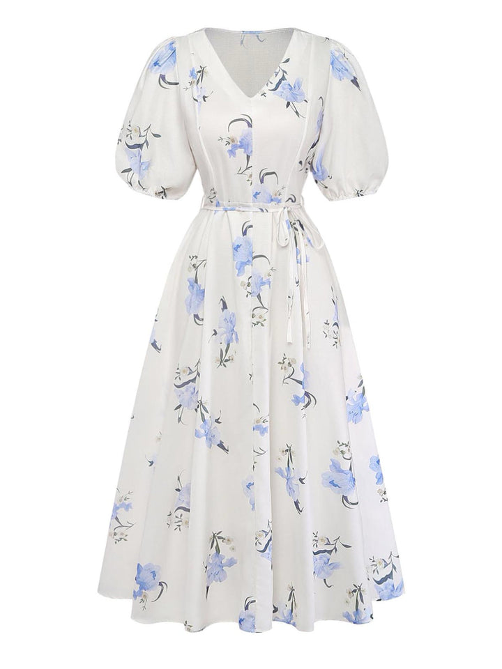 Beige 1940s Floral V Neck Dress 3