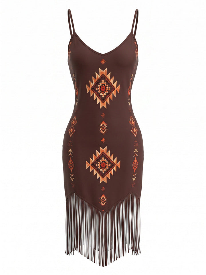 Brown 1960s Vintage V Neck Spaghetti Strap Dress 1
