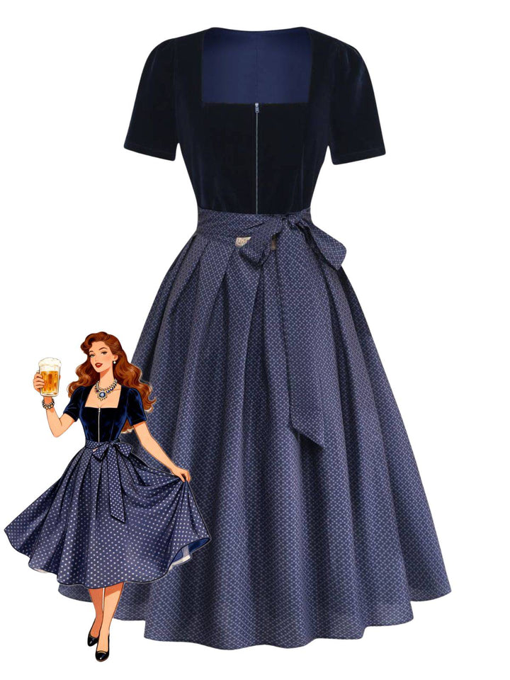 2PCS Blue 1950s Square Neck Velvet Dress &amp; Polka Dot Apron
